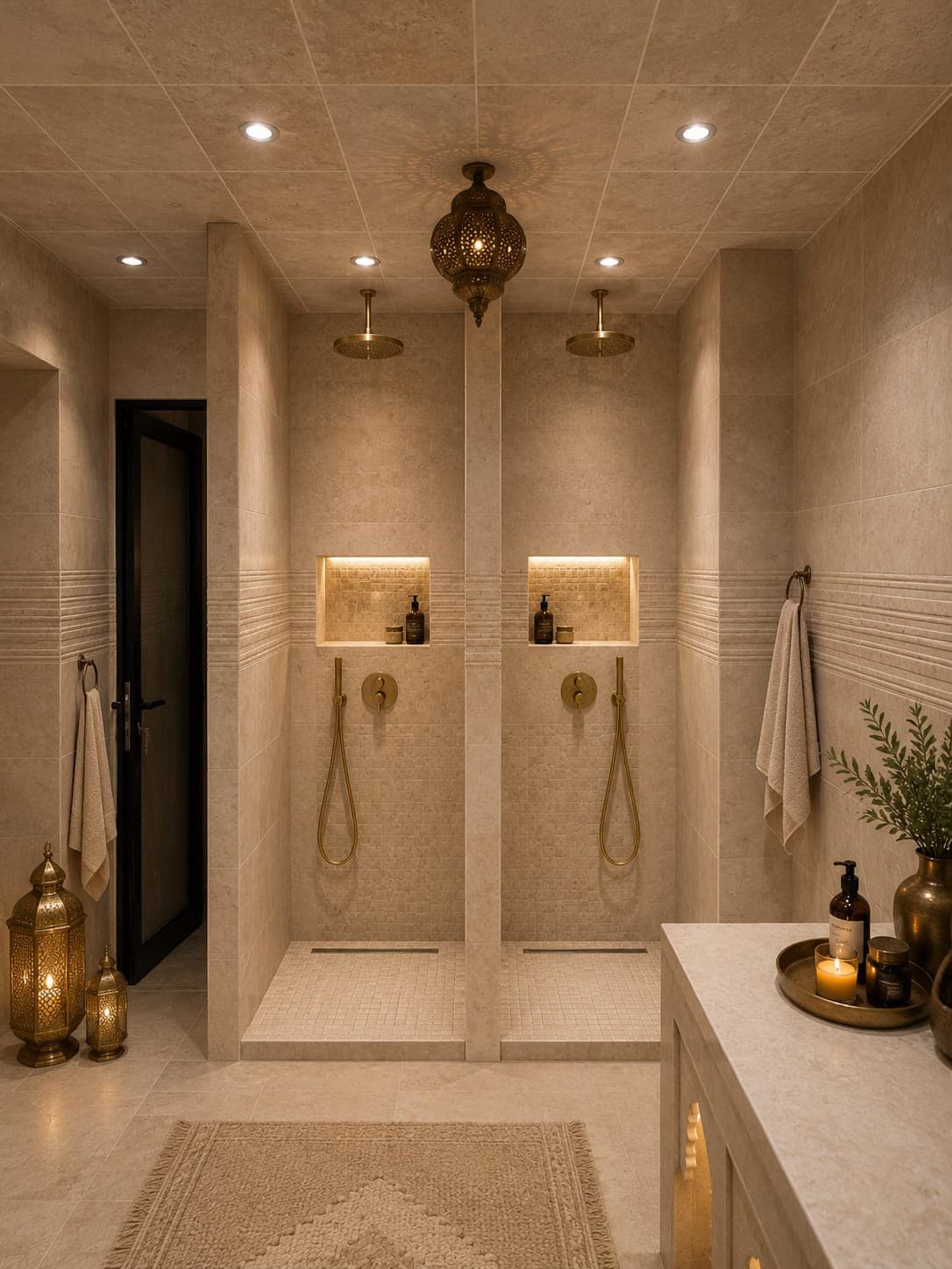 Douche à l'italienne et luminaires marocains du hammam